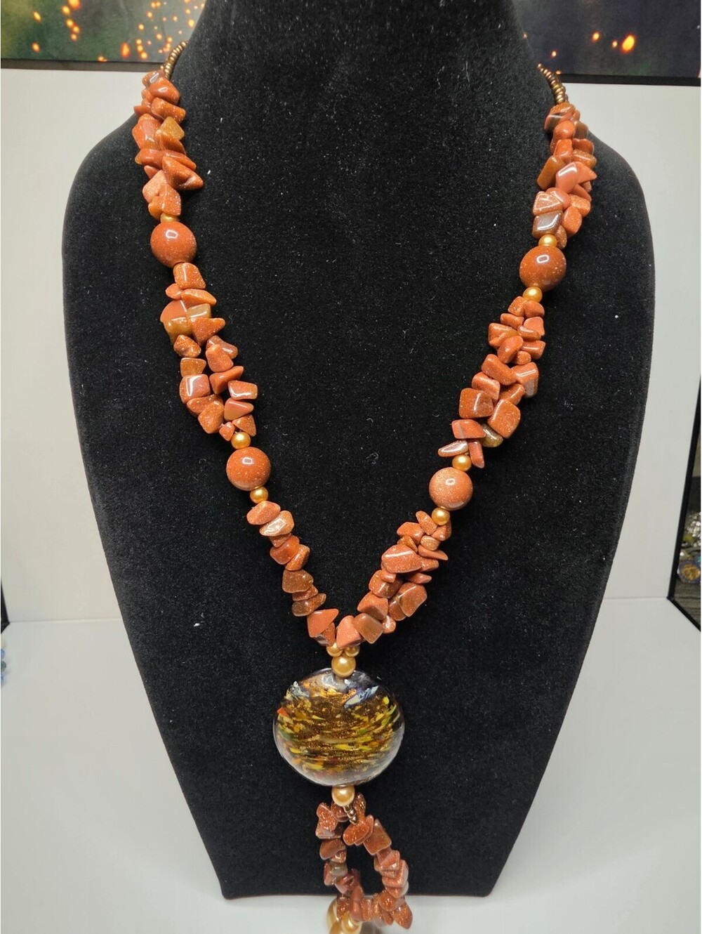 VTG Artisan Goldstone Chip Bead Y-Necklace Murano Style Dichroic Glass Pendant